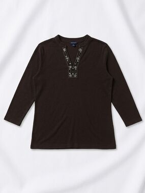 Lands' End Dark Brown Embellished V‑Notch Long Sleeve Tee